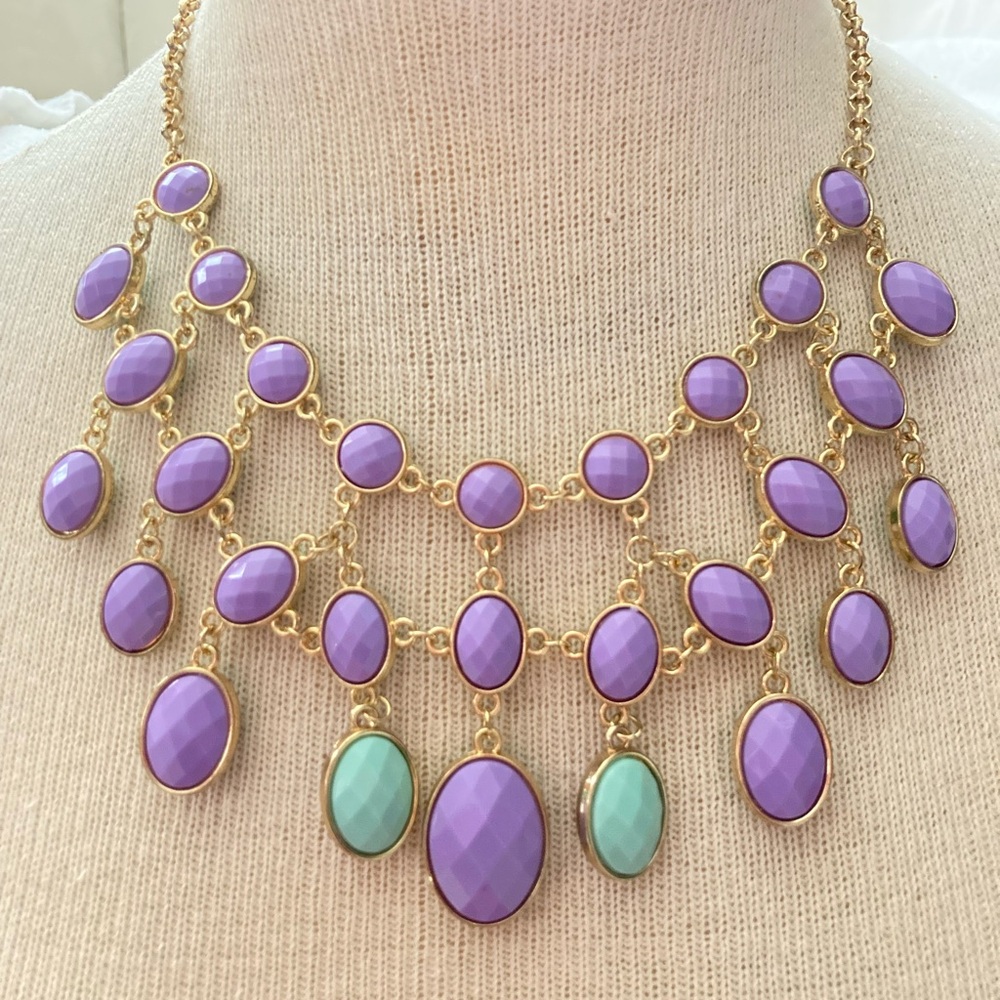 IMAN REVERSIBLE Purple/Mint Green Gold Bib Necklace up to 22 1/2” length